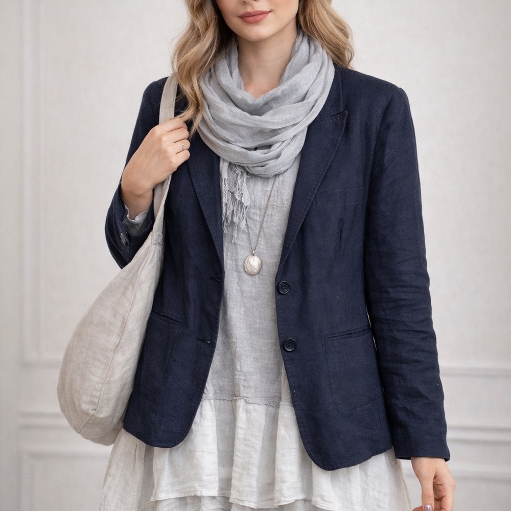 Classic Navy Linen Blazer - Women's Tailored Suit Jacket